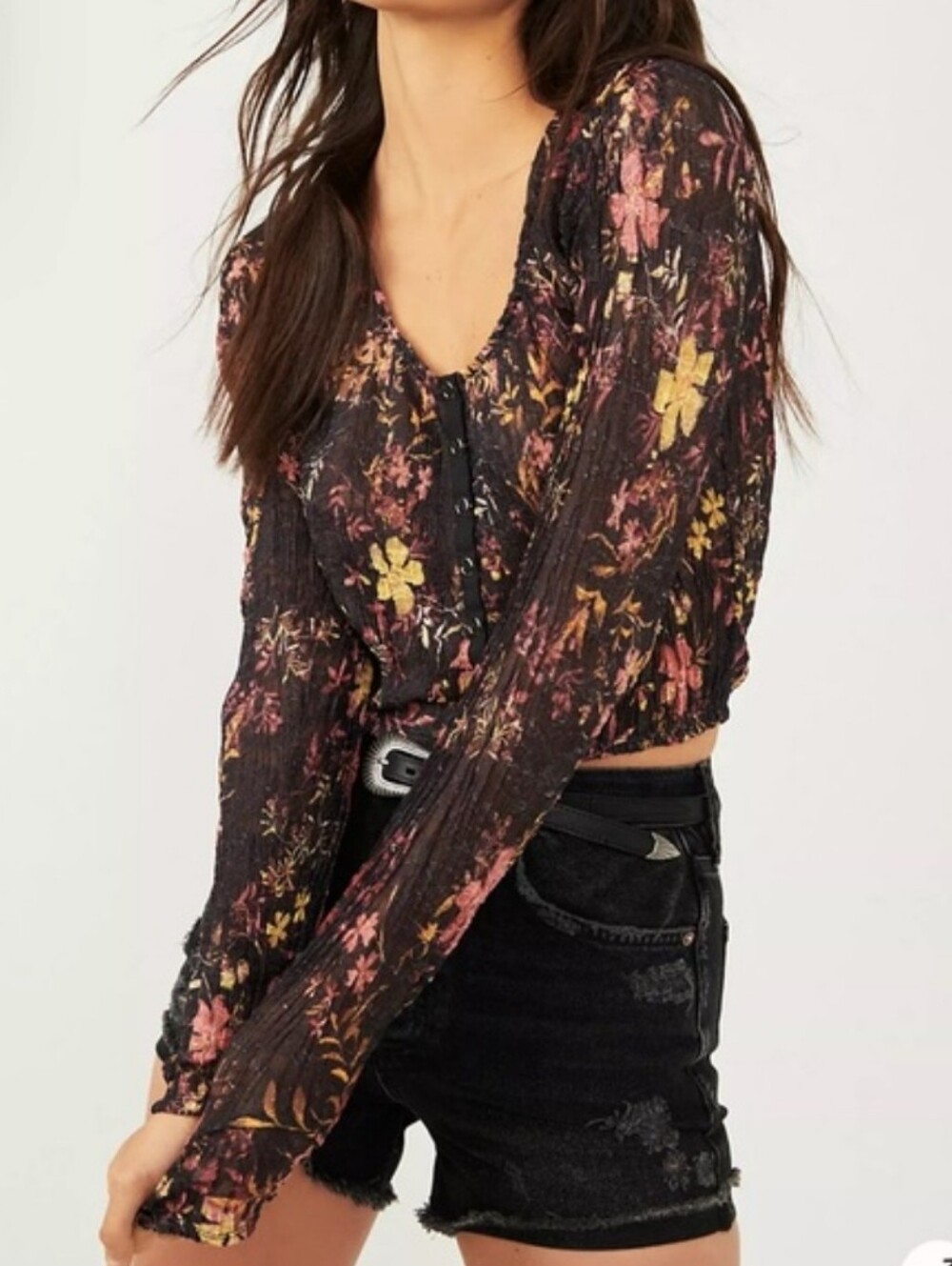 Free People Angelina Lace Long Sleeve Button Front Crop Top Size L